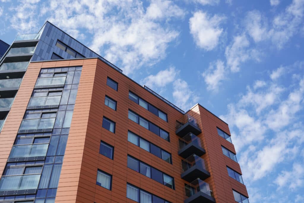 Apartment tower block in city. residential building exterior. modern housing development
