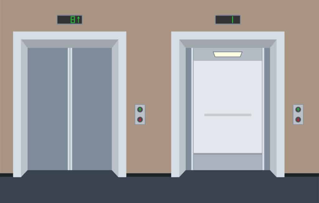 Passenger elevator, hall interior with open and closed passenger elevator.